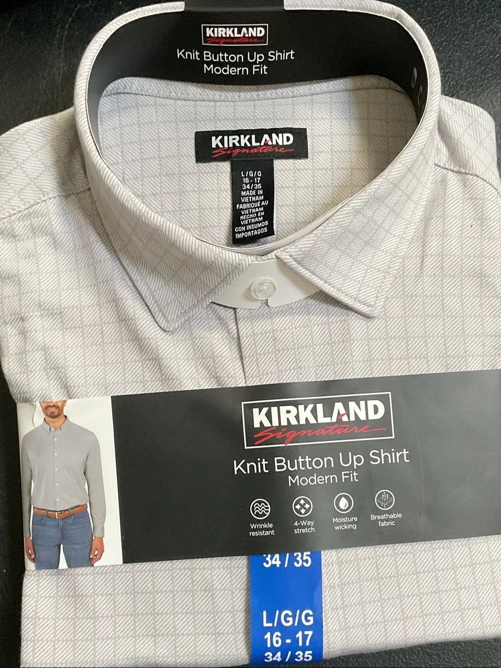 Kirkland Signature Men's Modern Fit Knit Button-Up Shirt - Light Gray Microcheck